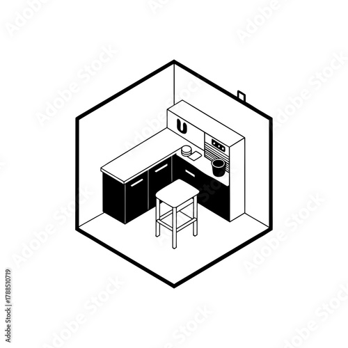 Isometric kitchen interior with stool and cabinets on transparent background