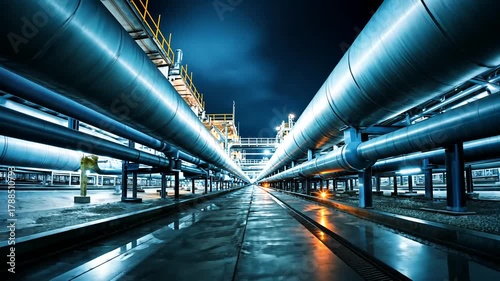 Low-angle shot of large pipes running through an industrial complex at night