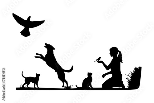 female play with dog cats and birds silhouette