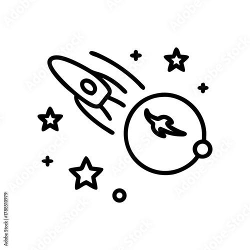Rocket flying near a planet surrounded by stars on transparent background