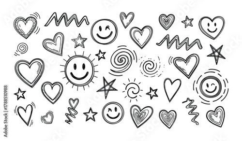 Black and white hand drawn doodle icons hearts stars smiley faces and swirls vector