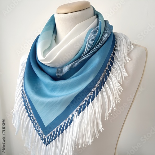 Shirt front with blue fringe and handmade pattern on a white mannequin