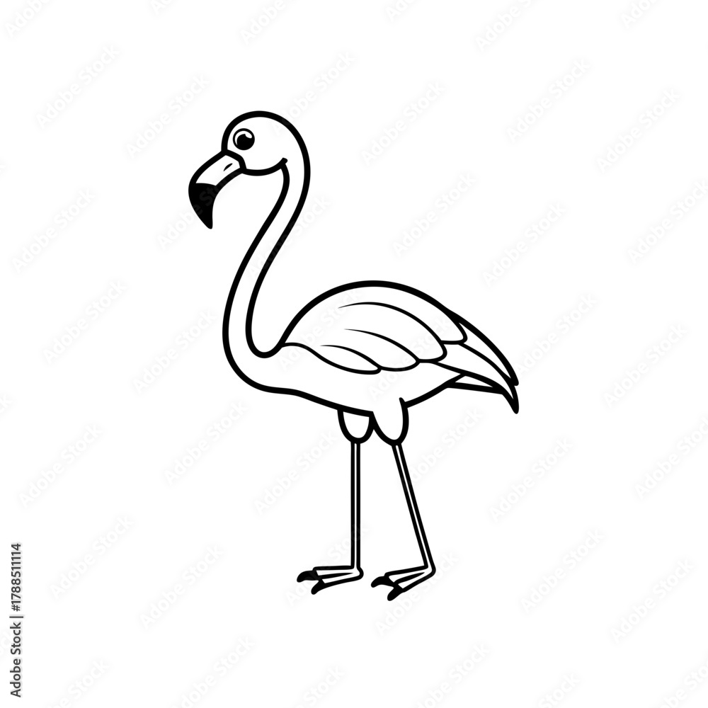 Fototapeta premium Simple outline drawing of a cartoon flamingo bird on transparent background