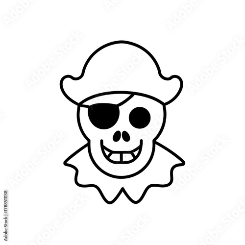 Cartoon pirate skull with hat and eye patch icon on transparent background