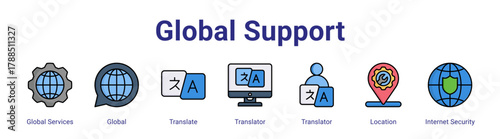 Global Support web icon vector illustration concept with icon of Global Services,Global,Translate,Translator,Translator,Location,Internet Security,in modern flat vector style.