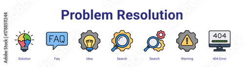 Problem Resolution web icon vector illustration concept with icon of Solution,Faq,Idea,Search,Search,Warning,404 Error,in modern flat vector style.