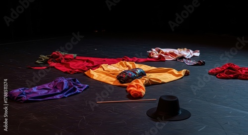 Various colorful props and costumes laid out on a stage floor, ready for an immersive theatrical experience or imaginative storytelling game ,conceptual ,theater ,drama