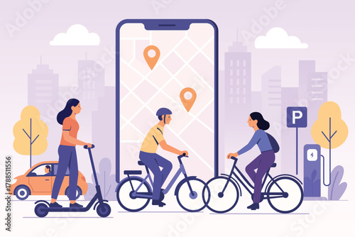 Flat vector illustration depicting Urban City Ride With Friends On Scooter And Bikes Around A Large Smartphone Map