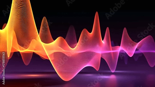 Abstract dynamic waveform with gradient colors, dark background, and shiny surface