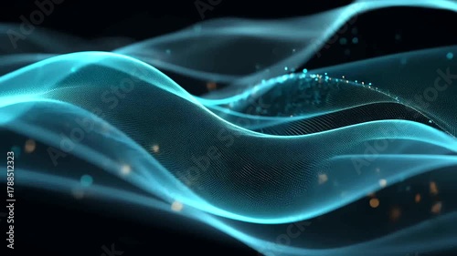 Abstract turquoise waves composed of tiny dots with golden highlights on a dark background