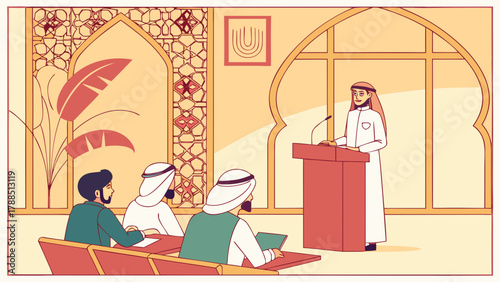 Arabian Professionals Attending Leadership Seminar Vector Illustration