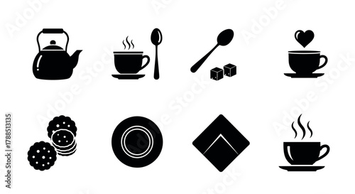 Black silhouette icons of a teapot, cup, spoons, sugar cubes, cookies, plate, napkin, and a cup with a heart and steam.