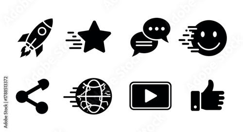Set of eight black icons featuring a rocket, star, chat bubbles, smiley face, share symbol, globe, play button, and thumbs up for communication and digital concepts.