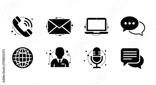 Set of eight black communication icons including a phone, envelope, laptop, speech bubbles, globe, person, microphone, and message balloons, symbolizing various methods of contact.