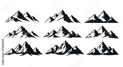 Nine black silhouette illustrations of mountain peaks with snow caps, showcasing varied shapes and sizes, ideal for outdoor and adventure themes.