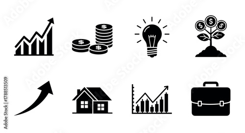 Black silhouette icons representing a rising graph, stacks of coins, a light bulb, and a money tree, along with an arrow, house, growth chart, and briefcase.