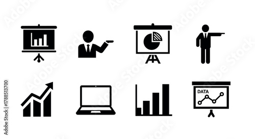 Black silhouette icons representing business elements including graphs, presentations, and a businessperson pointing and presenting with a laptop.