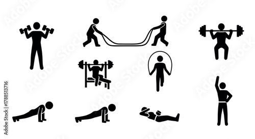Black silhouette icons depicting various workout activities, including weightlifting, jumping rope, push-ups, and bench pressing, representing diverse fitness exercises.