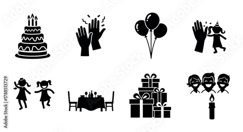 Black silhouette icons depicting a birthday cake with candles, clapping hands, balloons, and various celebratory scenes including dancing children and a family dinner.