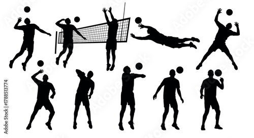 Black silhouettes of male volleyball players in various action poses, showcasing dynamic movements and athletic skills on the court.