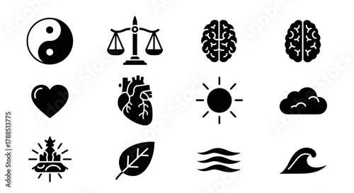 Collection of twelve simple black icons including a yin-yang symbol, balance scales, brains, heart shapes, sun, cloud, person meditating, leaf, waves, and wave crest.