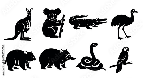 Black silhouette illustrations of various australian animals, including a kangaroo, koala, crocodile, emu, wombat, bear, snake, and parrot, displayed on a white background.
