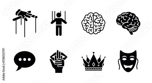 Black icons depicting various concepts including control with a puppet, artistic creativity with a theater mask, intelligence with a brain, and authority with a crown.