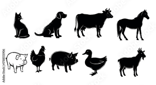 Silhouettes of eight farm animals including a cat, dog, cow, horse, pig, chicken, duck, and goat in a row.
