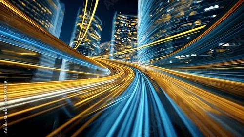 Abstract city shot with blur, streaming lights across futuristic looking structures