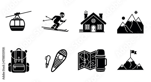 Eight black silhouette icons of winter and outdoor activities, featuring a cable car, skier, cabin, mountains, backpack, snowshoes, map, thermos, and summit flag.