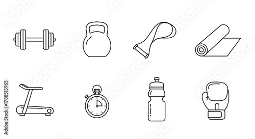 Set of black outline icons depicting gym equipment including a dumbbell, kettlebell, resistance band, yoga mat, exercise bike, stopwatch, water bottle, and boxing glove.