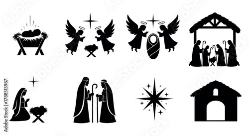 Black silhouette icons depicting nativity scenes with baby jesus, angels with halos, and holy family under a stable, accompanied by a radiant star.
