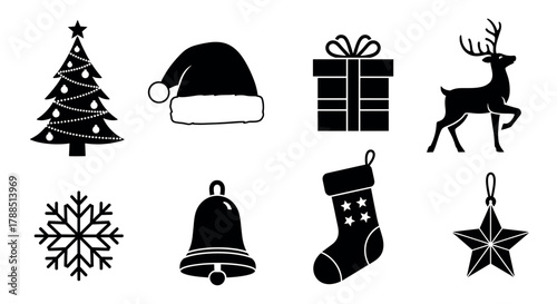 Black silhouette icons of christmas elements including a decorated tree, santa hat, wrapped gift, reindeer, snowflake, bell, stocking, and star ornament.