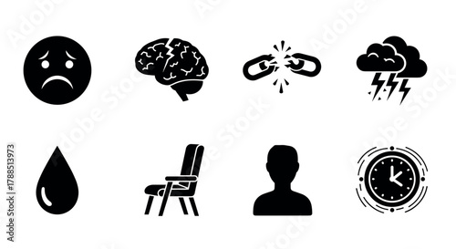 Black silhouette icons depicting a sad face, brain, broken chain, storm cloud, water droplet, chair, person silhouette, and clock with circular pattern.