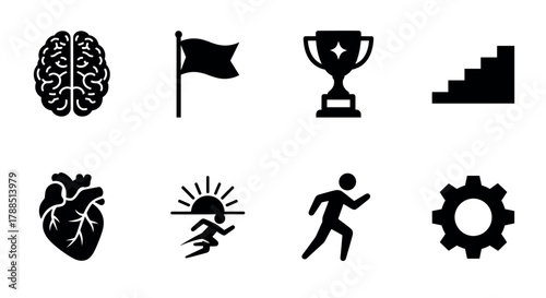 Set of eight black icons depicting a brain, flag, trophy, staircase, anatomical heart, sunrise, running figure, and gear, each symbolizing different concepts.