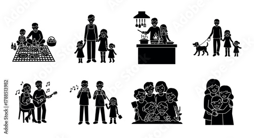 Black silhouette illustrations of a family enjoying various activities, including cooking, gardening, playing music, and spending time with pets and children.