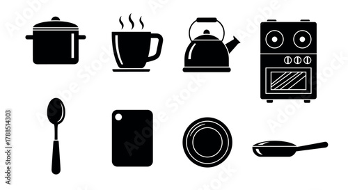 Black silhouette icons of kitchen utensils including pot, mug, kettle, stove, spoon, cutting board, plate, and frying pan.