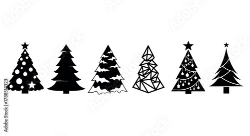 Black silhouette icons of various christmas tree designs, featuring decorations, snow, and geometric patterns, arranged in a row.