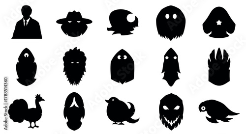 A series of sixteen unique black silhouette icons depicting various abstract and recognizable characters, including animals, mythical figures, and inanimate objects in diverse forms.