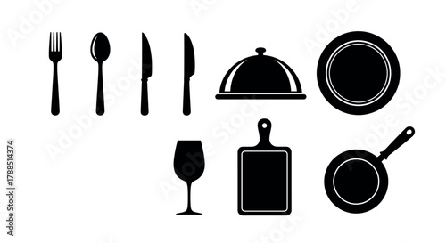 Black silhouette icons of dining utensils including a fork, spoon, and knives, alongside a cloche, plate, wine glass, cutting board, and frying pan.