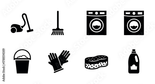 Black silhouette icons of vacuum cleaner, broom, washing machines, bucket, gloves, sponge, and detergent, representing cleaning and household chores.