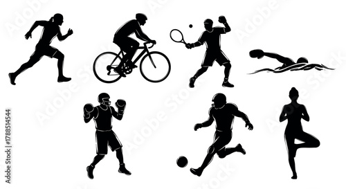 Silhouettes of athletes showcasing various sports including running, cycling, tennis, swimming, boxing, soccer, and yoga.
