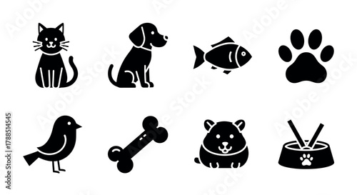 Set of eight black silhouette icons illustrating a cat, dog, fish, paw print, bird, bone, hamster, and pet food bowl with chopsticks.