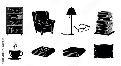 Black silhouette icons of a bookcase, armchair, floor lamp, eyeglasses, stack of books, coffee cup, folded blanket, and pillow, representing cozy home decor and comfort.