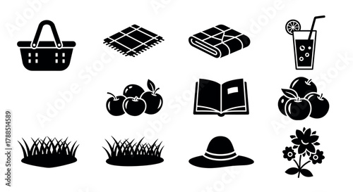 Black silhouette icons depicting picnic essentials such as a basket, blanket, refreshing drink, fruits, open book, grass patches, sun hat, and flowers.