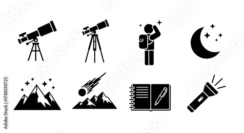 Black icons depicting astronomy and outdoor exploration including telescopes, a stargazer, a crescent moon, mountains, a comet, a notebook, and a flashlight.