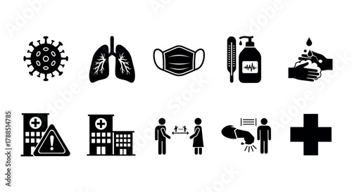 Black icons depicting various health and safety measures, including virus, lungs, face mask, thermometer, sanitizer, hospital, social distancing, and handwashing.