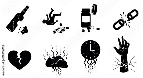 Black silhouette icons depicting addiction and mental health struggles, including broken bottle, pills, and a hand reaching out.