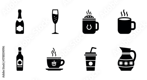 A collection of black silhouette icons features various types of drinkware and beverages, including a champagne bottle, wine glass, coffee mug, tea cup, and pitcher.