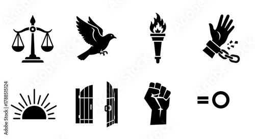 Black silhouette icons representing justice with scales, peace with a dove, liberty with a torch, freedom with broken handcuffs, sunrise, open doors, raised fist, and equality symbol.